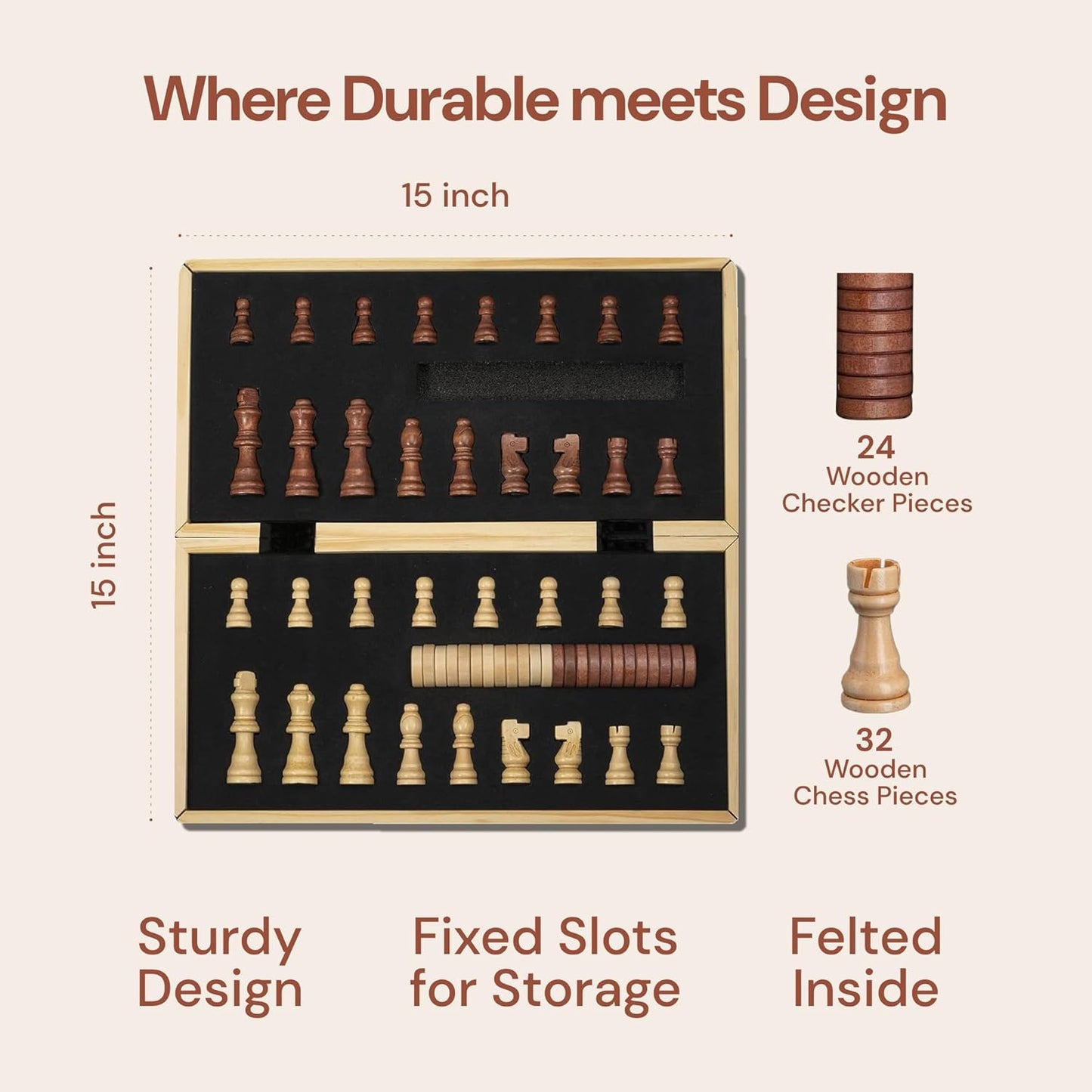 PlayVibe Wooden Chess Set 15'' & Checkers Board Games for All Players with 2 Extra Queens - Handmade Classic Wooden Chess Board, Portable & Folding Playtime Boards, Beginner & Professional Use