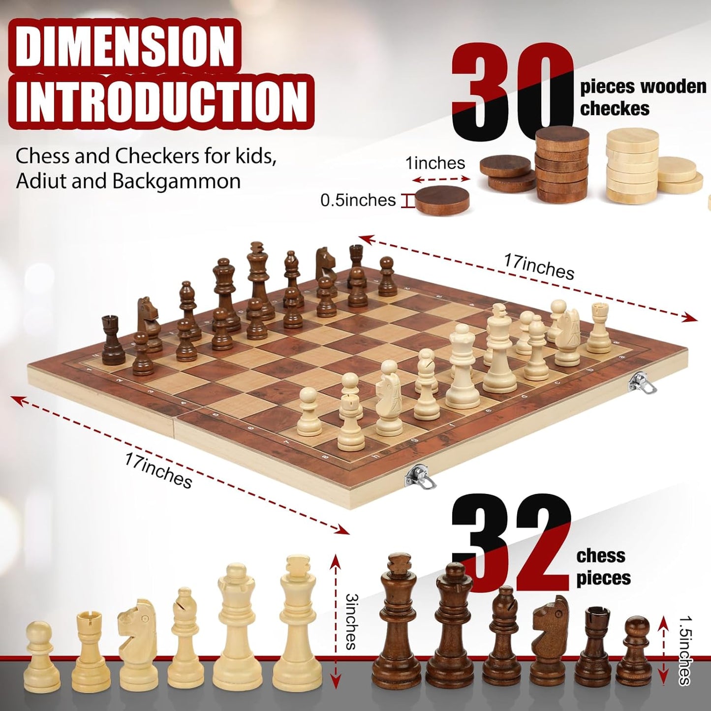 Chess Checkers Backgammon 3-in-1 Board Games Sets, Wooden Chess Set for Adults & Kids, 17.2" Lightweight Checkers Board Game,Strategy Backgammon Sets for Adults, Travel Chess Board Game Pieces Storage
