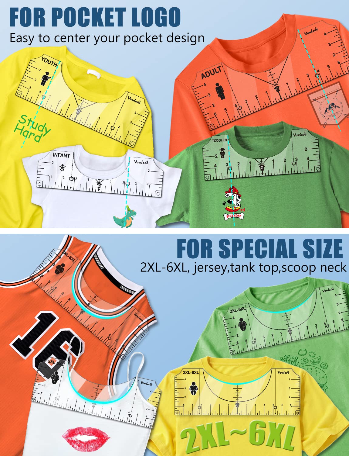 Vowlove Tshirt Ruler Guide for Vinyl Alignment - T Shirt Rulers to Center Designs Graphics Placement, Tee Shirt Measurement Ruler Heat Press Accessories Tool Sublimation Blanks HTV Heat Transfer Vinyl