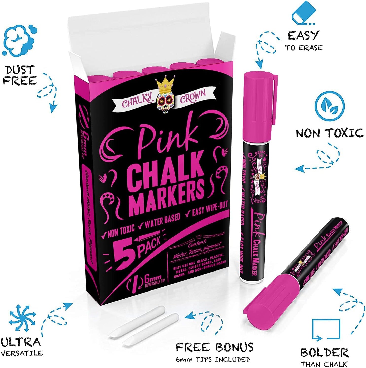 CHALKY CROWN Liquid Chalk Marker Pen - Dry Erase Marker - Chalk Markers for Chalkboard Signs, Windows, Blackboard, Glass - 6mm Reversible Tip (Pink, 5 Pack)