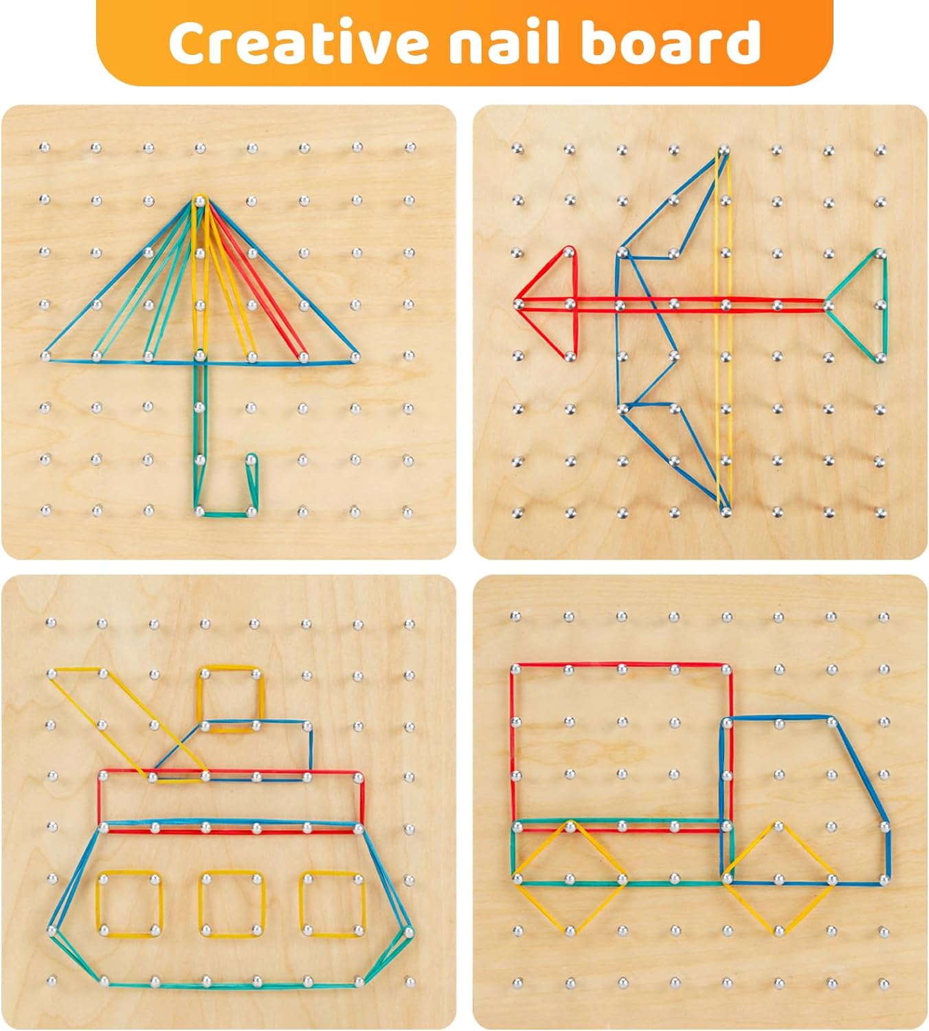 2Pack Wooden Geoboard,Montessori Toy,Graphical Mathematical Education Toy for Kids with Pattern Cards and Rubber Bands to Figures and Shapes, Brain Teaser STEM Toy Geo Board.