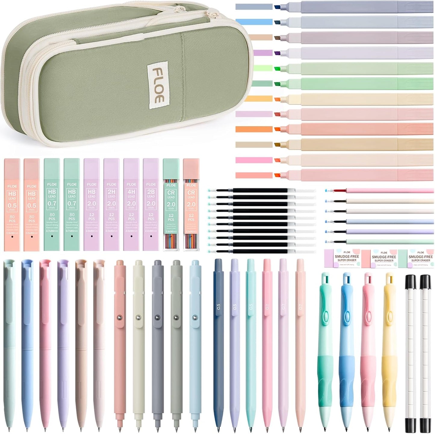 65PCS Aesthetic School Supplies with Cute Pencil Case, Pastel Highlighters Gel Pens Mechanical Pencils Set 0.5 0.7 & 2.0mm, Office Back to School Supplies College Essentials Kit Student Stationary Set