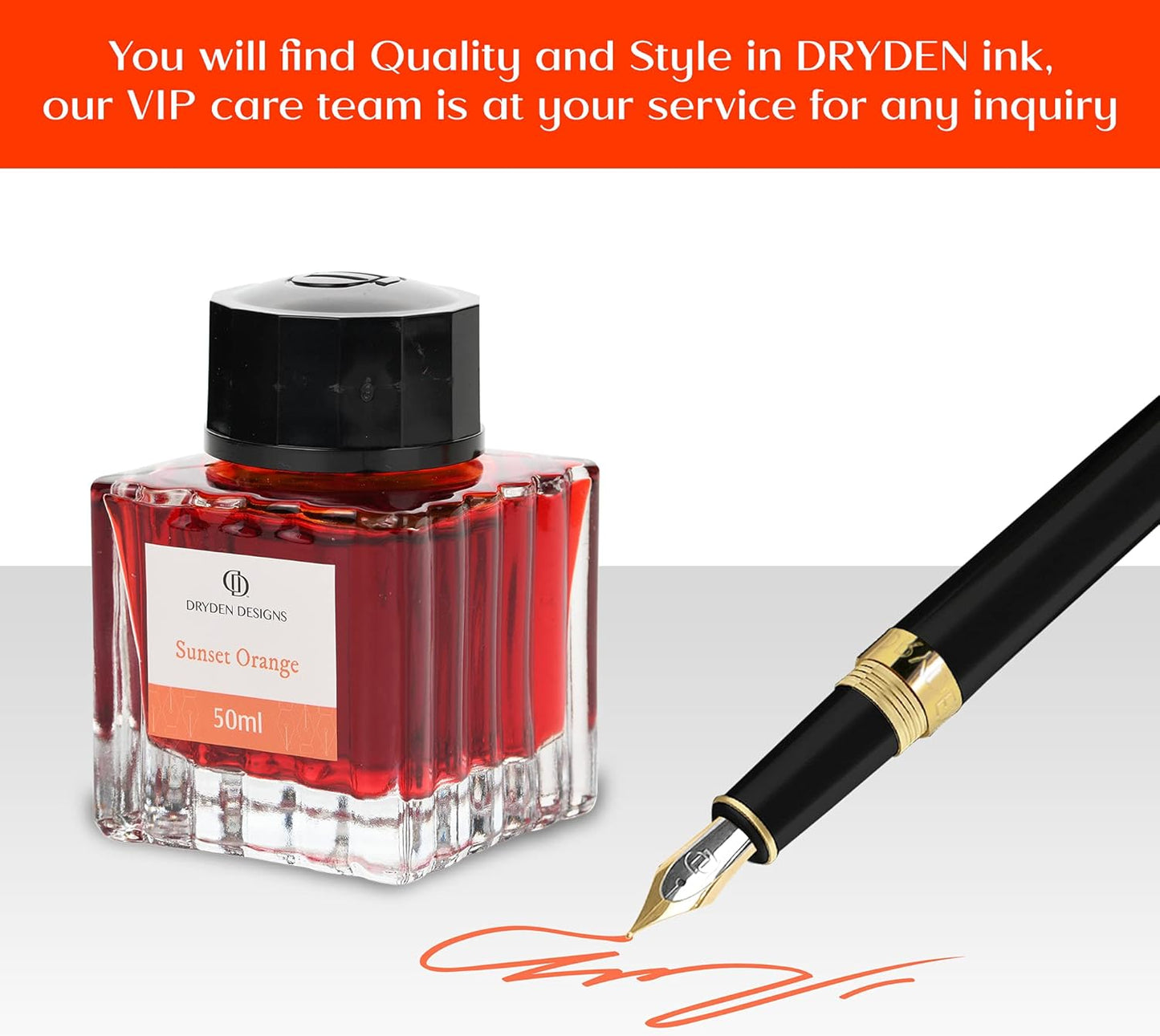 Dryden Designs Ink Bottle for Fountain Pen | Luxury Edition, Smooth Flow, Compact Designed 50ml Sunset Orange