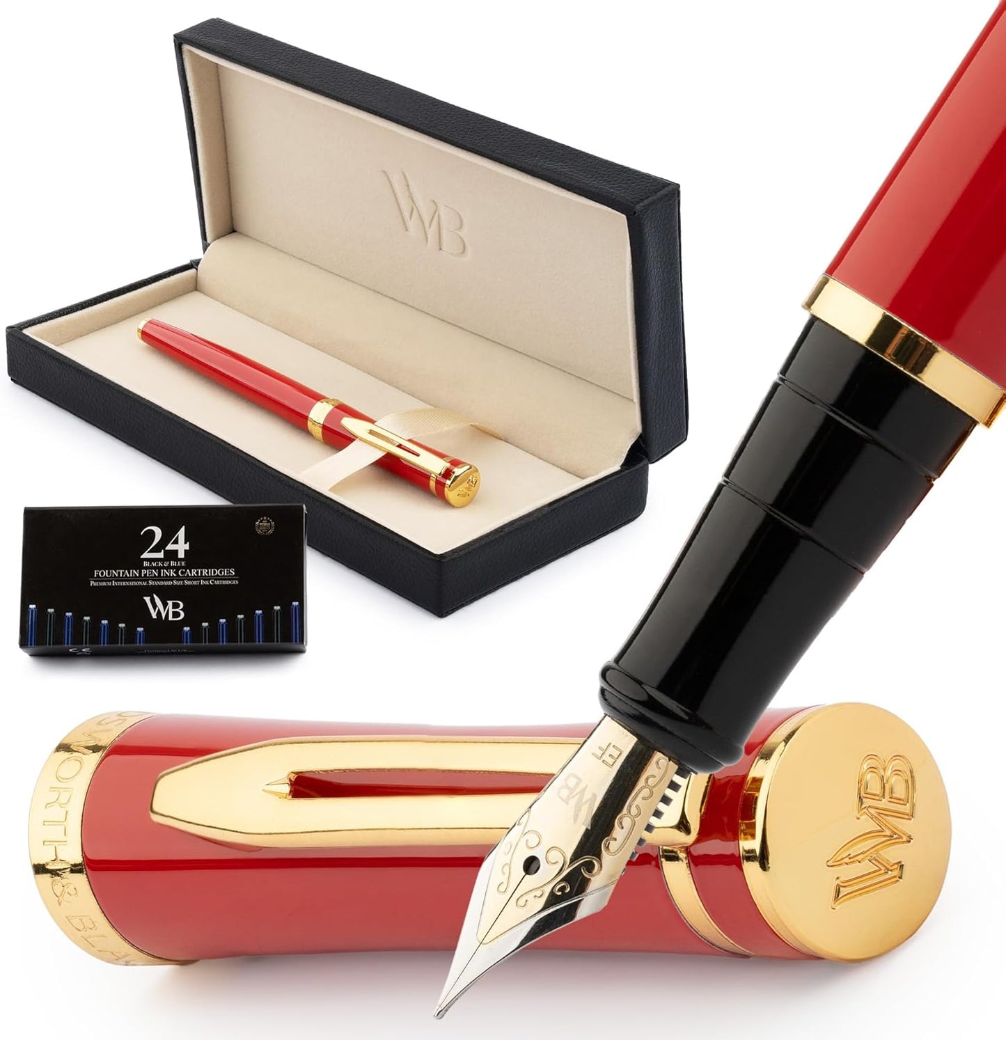 Wordsworth & Black Fountain Pen Set, 18K Gilded Extra Fine Nib, Includes 24 Pack Ink Cartridges, Ink Refill Converter & Gift Box, Gold Finish, Calligraphy, [Crimson Red], Perfect for Men & Women