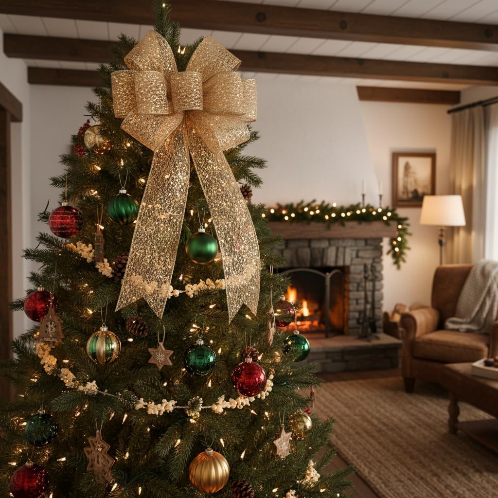 CT CRAFT LLC Sparkling Glitter Mesh Wired Ribbon 4" x 10 Yards Champagne Gold for Christmas Home Decor Bow Gift Wrapping DIY Crafts Wreath