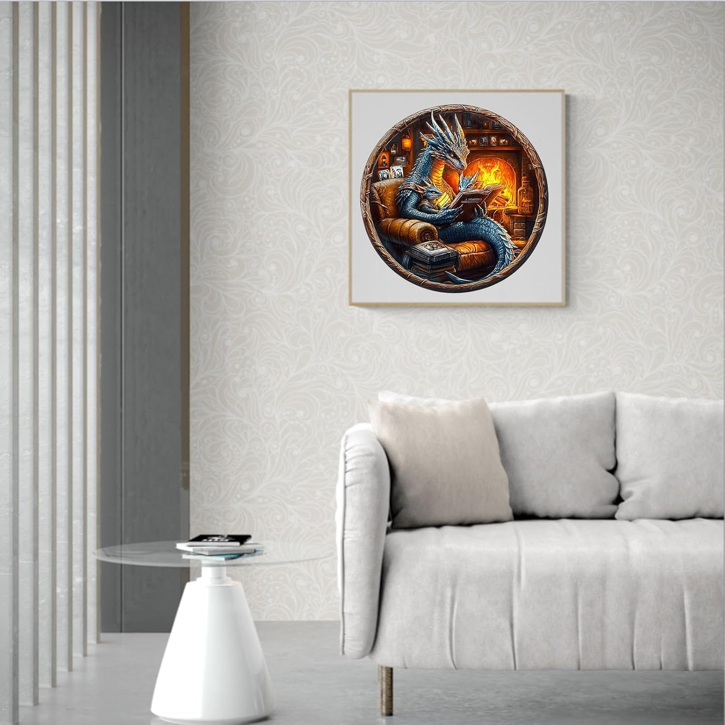 Wooden Puzzles for Adults, Dragon Family Night Reading Wooden Jigsaw Puzzle 450 PCS Unique Shape Wood Puzzle Adult, 3D Visual Effect Flat Puzzle Birthday Family Games (XL-17.3 * 17.3in)