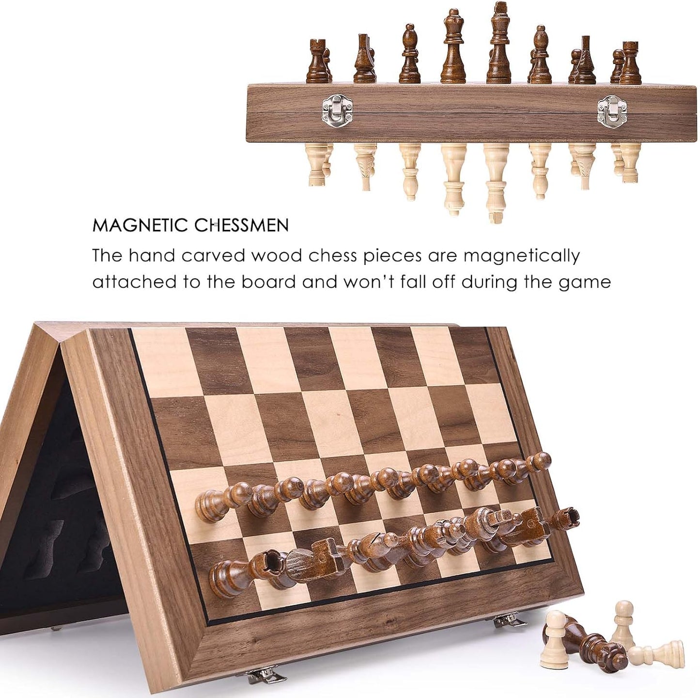 AMEROUS 15 Inches Magnetic Wooden Chess Set with 2 Extra Queens/Folding Board/Chess Pieces Storage Slots/Instructions, Portable Travel Chess Game for Beginner/Classic Board Game