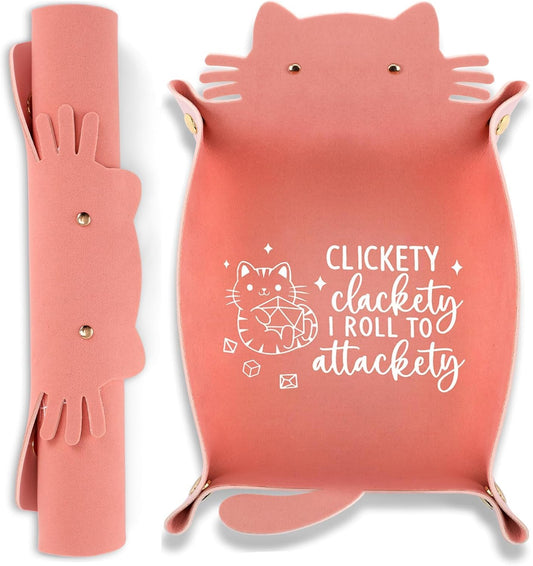 Cat Dice Tray Pinkk for Rolling Funny Folding Leather Dice Tray Portable Travelling Dice Storage Accessories Decorative Desk Organizer for RPG, DND Game Players