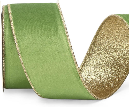 Ribbli Spring Moss Velvet Wired Ribbon 2.5 Inch Lime Green Velvet with Gold Glitter Christmas Ribbon for Christmas Tree Decoration Big Bow Gift Wrapping Crafts Wreaths Supplies- 10 Yards