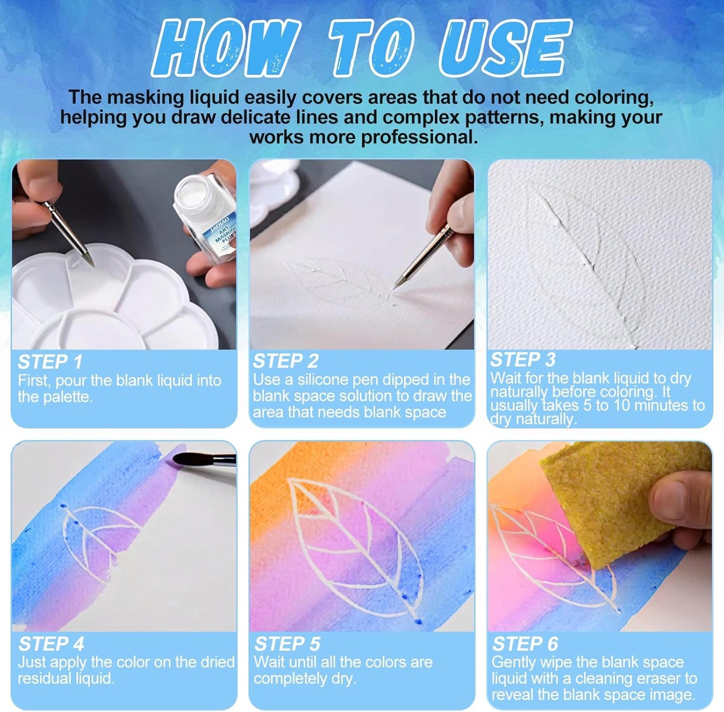 JAOJAO Watercolor Masking Fluid, Liquid Masking for Painting Watercolor Accessories with Silicone Pen Cleaning Brush Retouching and Covering for Painting and Various Art Projects Supplies,White 30ml