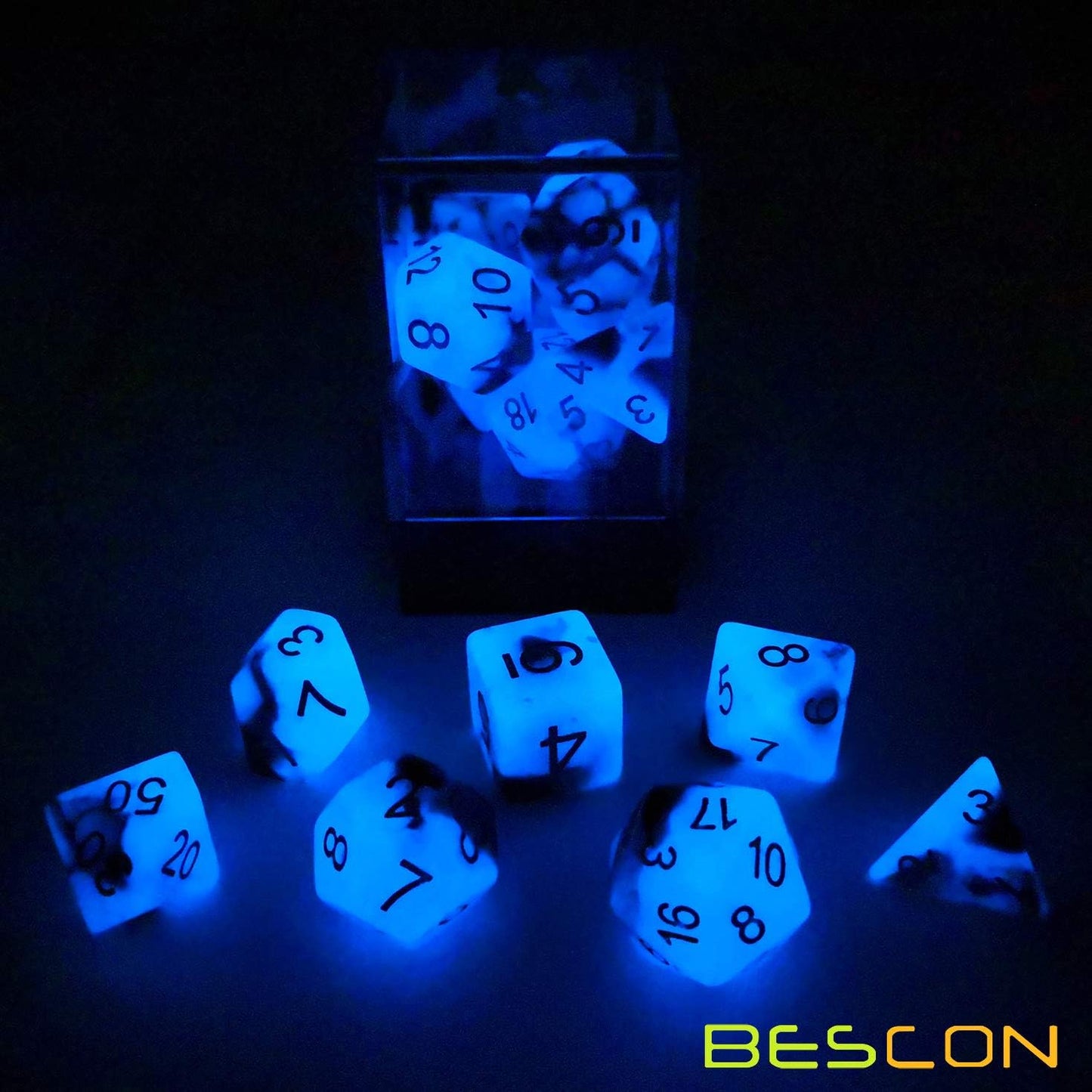 Bescon Two-Tone Glow-in-The-Dark Polyhedral Dice Set Blue Dawn, Luminous RPG Dice Set d4 d6 d8 d10 d12 d20 d% Brick Box Pack