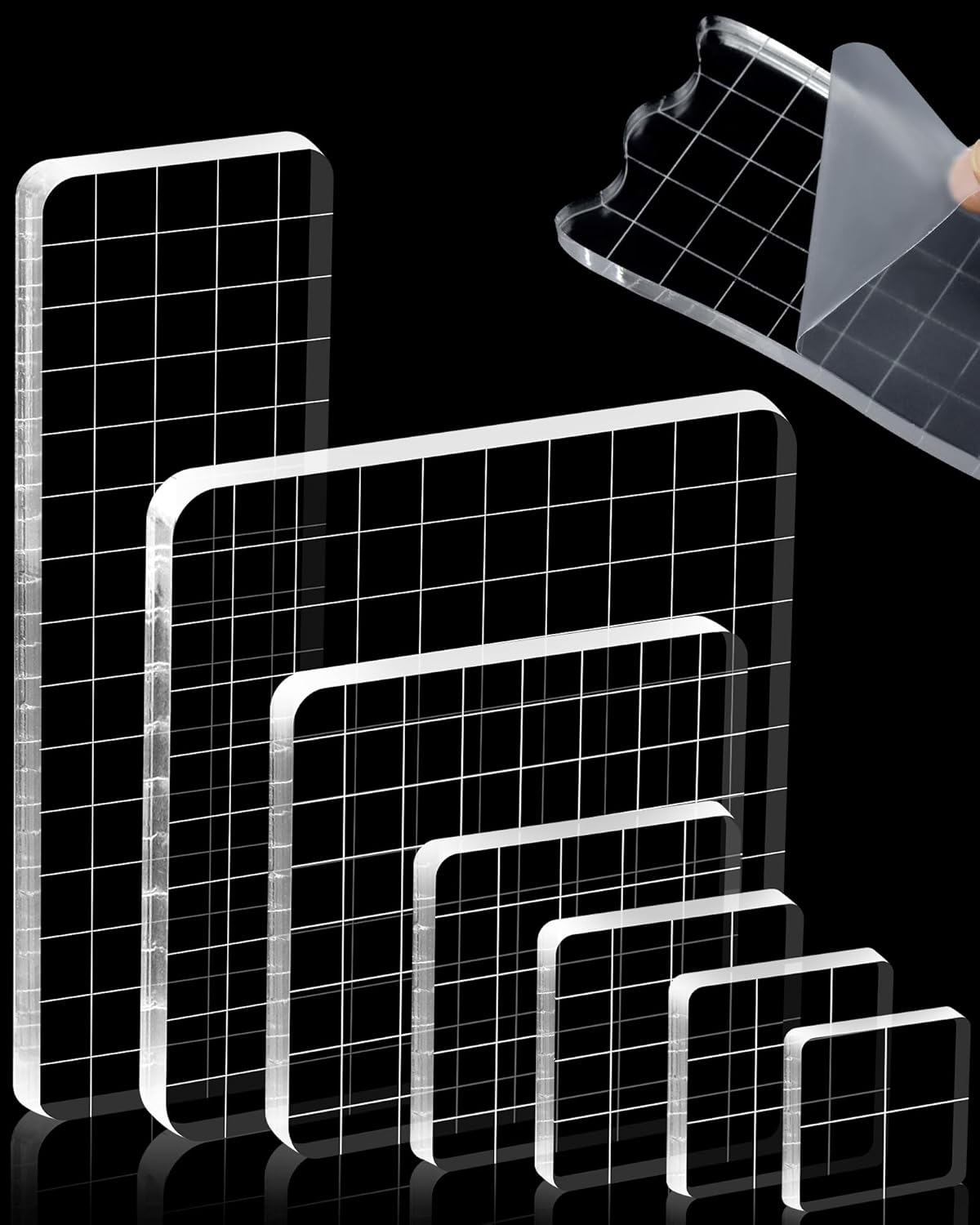 7 Pieces FIVEIZERO Acrylic Stamp Block, Assorted Sizes Clear Stamping Blocks Tools with Grid Lines for Scrapbooking Crafts Card Making and Decorative DIY Essential Stamping Tool(Straight Edge)