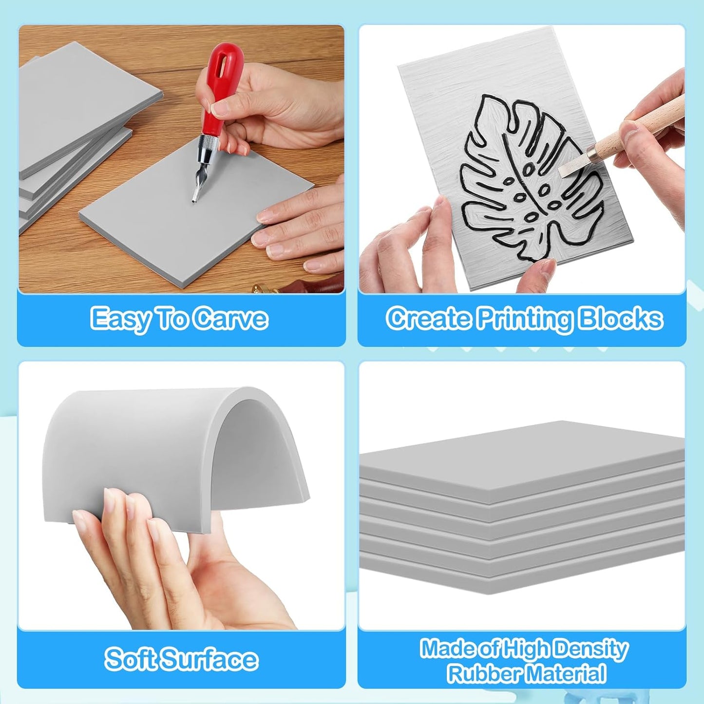 Frienda 50 Pack Rubber Carving Blocks 4 x 6 Inch, Rubber Stamp Carving Blocks for Printmaking, Printing, DIY Craft Project, Soft Block Stamp for Beginners and Professional(Gray)