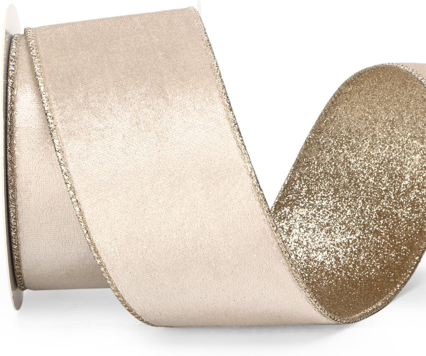 Ribbli Light Champagne Velvet Wired Ribbon 2.5 Inch Ivory Velvet with Champagne Glitter Christmas Ribbon for Christmas Tree Decoration Big Bow Gift Wrapping Crafts Wreaths Supplies- 10 Yards