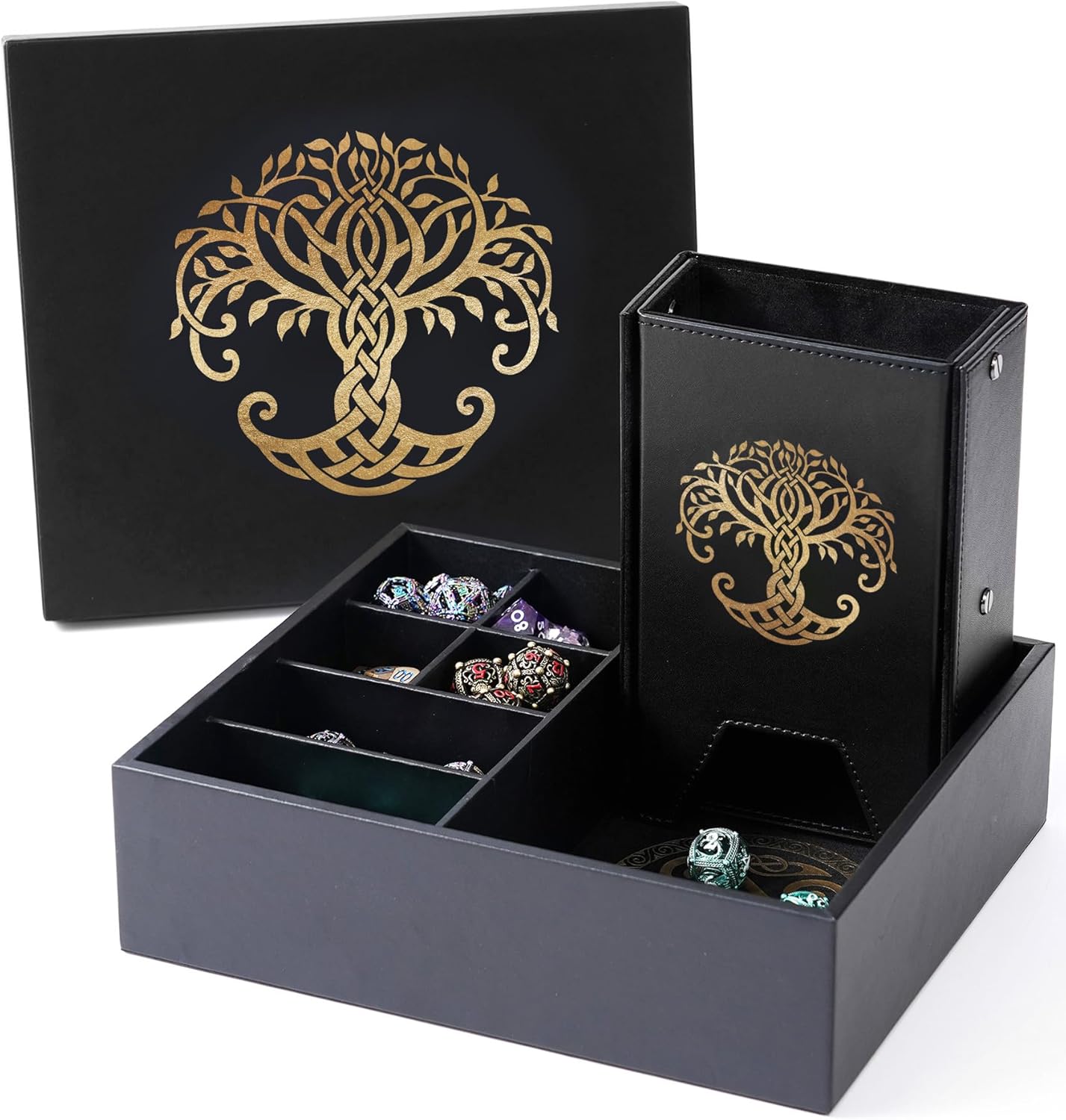 Dice Tray and Dice Tower for DND and RPG - All-in-One Game Roamer Tray & Large Tower for Random Rolls - Stores Your Sets, Mini's and More Compatible with D&D (Gold Tree)