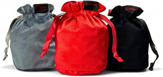 Luck Lab Velvet Drawstring Dice Bag - Set of Three Colors - Dungeons and Dragons Fabric/Standing Cotton Fabric Dice Bags/D&D Dice Pouch/Small Pouch/Velvet Jewelry Bag (Red, Black, Grey)