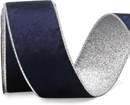 Ribbli Navy Velvet Wired Ribbon 2.5 Inch Navy Velvet with Silver Glitter Christmas Ribbon for Christmas Tree Decoration Big Bow Gift Wrapping Crafts Wreaths Supplies- 10 Yards