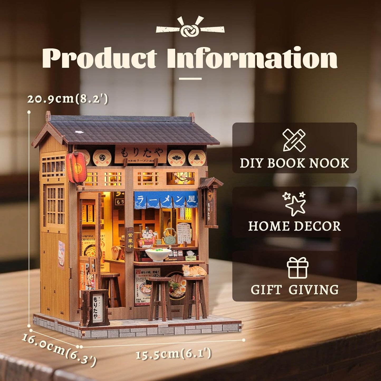 Fsolis Japanese Book Nook Kit - DIY Miniature Scene House Kit, 3D Puzzles for Adults, 220 Wooden Pieces, Tiny House Mini Booknook Craft Shelf Decor, Gifts for Women Model Lovers (Morita-Ya Ramen)