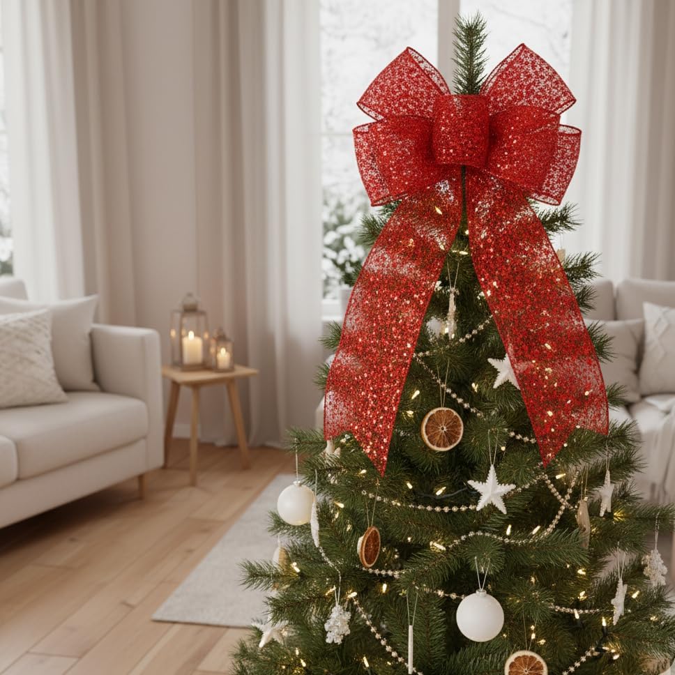 CT CRAFT LLC Sparkling Glitter Mesh Wired Ribbon 2.5" x 20 Yards Red for Christmas Home Decor Bow Gift Wrapping DIY Crafts Wreath