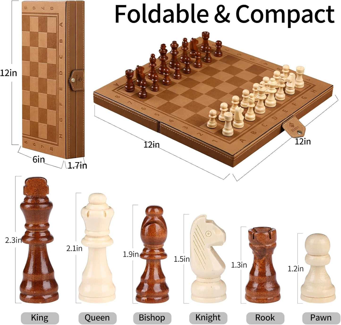 Chess Set Board for Kids & Adults, 12" Travel Magnetic Chess & Checkers Folding Board 2 in 1 Sets, Portable Folding Leather Chess Boards with 3 Velvet Bag Packaging Pieces