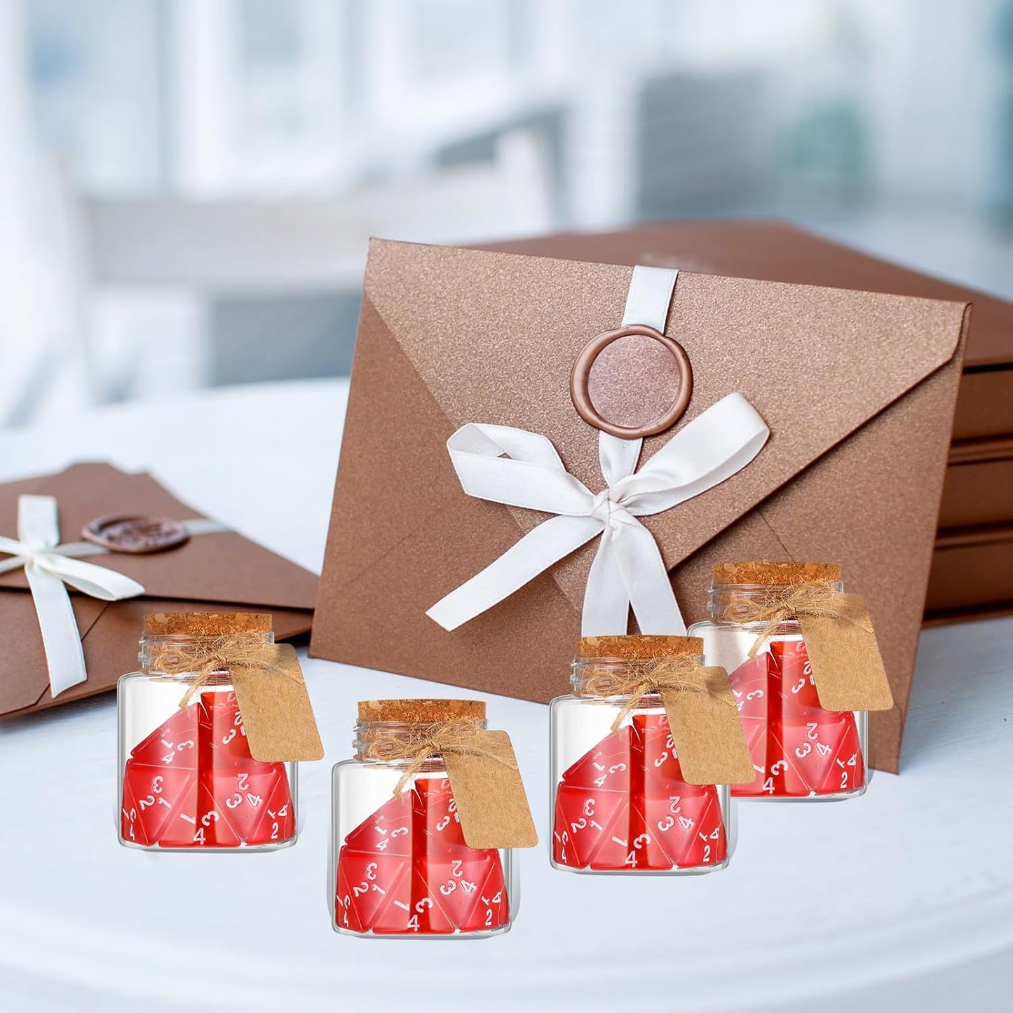 Wettarn 120 Pcs Transparent Red D4 Dice6 Pcs Pot Bottles Plastic Favor Jars with Cork Lids Healing Potion Bottles Polyhedral Dice Set for Party Favors Table Games(Round Style)