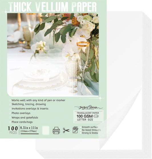 JAGERGREEN Vellum Paper 8.5 x 11 Inches 100GSM 100 Sheets, Thick Translucent Printable Vellum Paper for Invitations, Vellum Jackets, Envelopes, Crafts, Wedding Belly Bands, Tracing Paper for Sketching