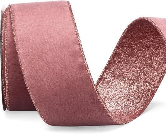 Ribbli Rose Gold Velvet Wired Ribbon 2.5 Inch Dusty Rose Velvet with Rose Gold Glitter Christmas Ribbon for Christmas Tree Decoration Big Bow Gift Wrapping Crafts Wreaths Supplies- 10 Yards