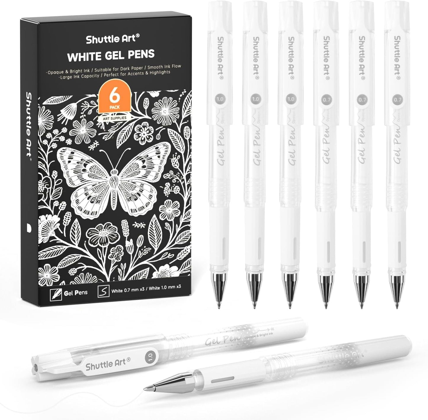 Shuttle Art White Gel Pens, 6 Pack 0.7mm, 1.0mm Gel Ink Pens Fine Point for Black Paper Highlighting Card Making Scrapbooking Coloring Writing Drawing Journaling Note Taking School Office Home