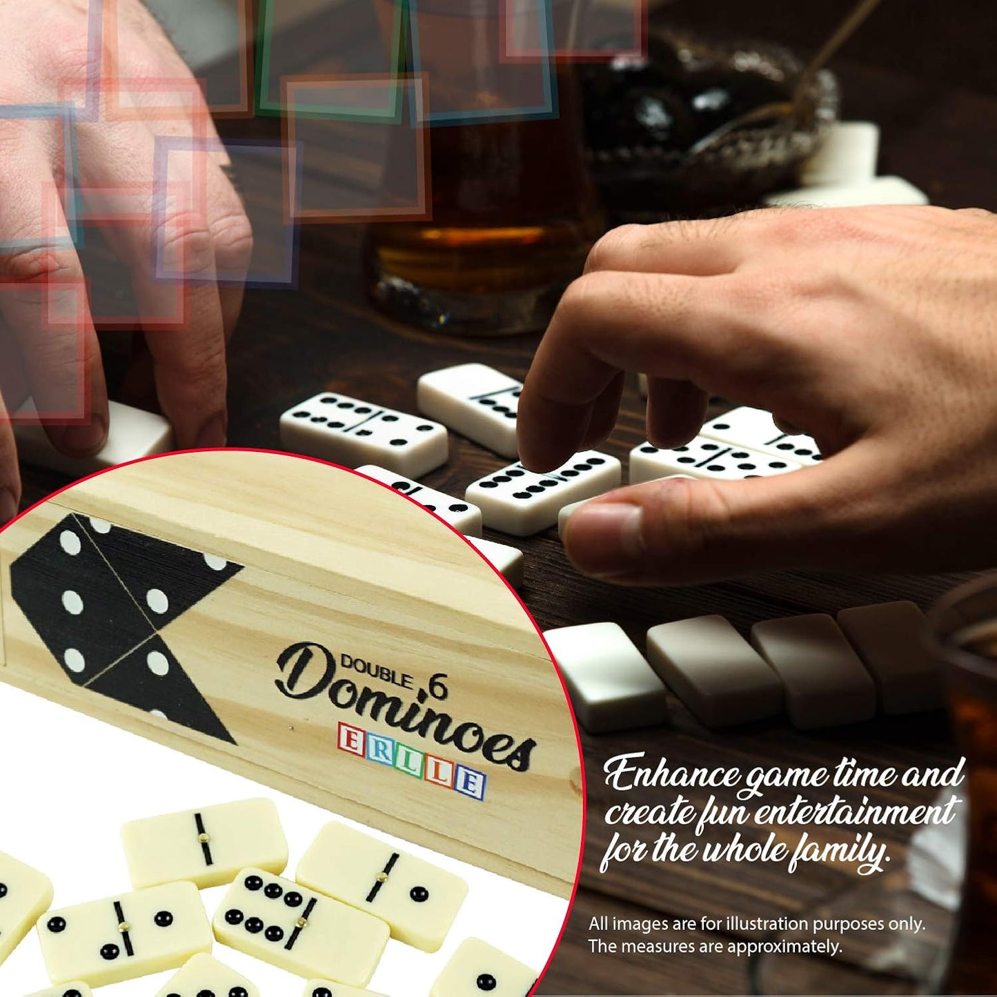 ERLLE - Dominoes Set, Premium Classic 28-Piece Double Six Domino Set with Wooden Case, Family & Kids Board Game, Mexican Train, Chicken Foot, and Classic Domino Games