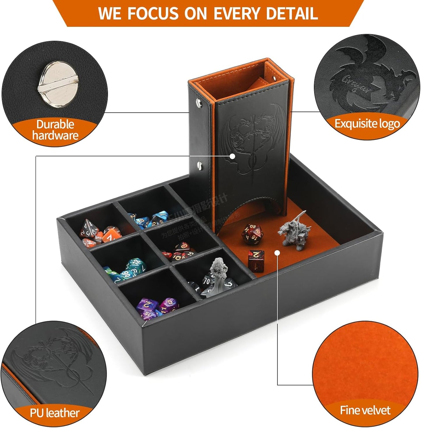 3 in 1 Dice Tray and Tower with Storage, Portable Dice Box for DND, D&D, MTG - Brown