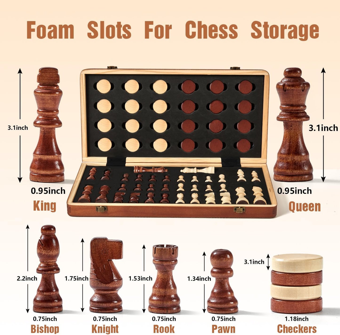 MerryPony 2 in 1 Magnetic Wooden Chess and Checkers Set, 15" Foldable Chess set for Adults & Kids, Chess Board with 2 Extra Queens, Travel Chess Set with Pieces Storage Slots, Ideal Chess for Beginner