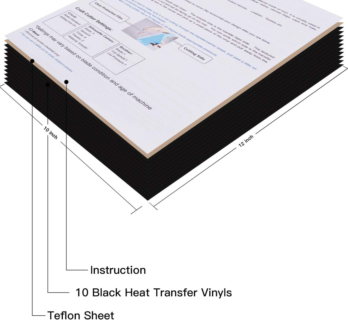 JANDJPACKAGING Black Heat Transfer Vinyl for T- Shirts- 10 Sheets,10"x12" Black HTV Iron On Vinyl for Cricut and Silhouette Cameo Including Teflon Sheet