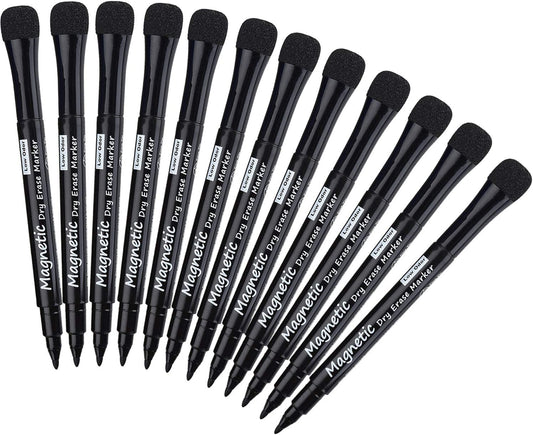 Browill Magnetic Dry Erase Markers, (12 pk) Dealkits Low Odor White Board Markers with Erasers for Kids Teacher Supplies for Classroom Work on White Board, Calender, Fine Tip Point, Black