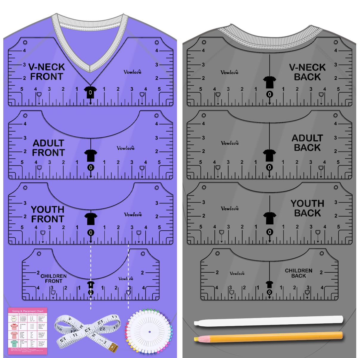 Vowlove Tshirt Ruler Guide Vinyl Alignment - T Shirt Measure Ruler Guide Shirt Measurement Centering Tool Heat Press Screen Printing Embroidery Accessories Sublimation Blanks Product V-Neck Front Back