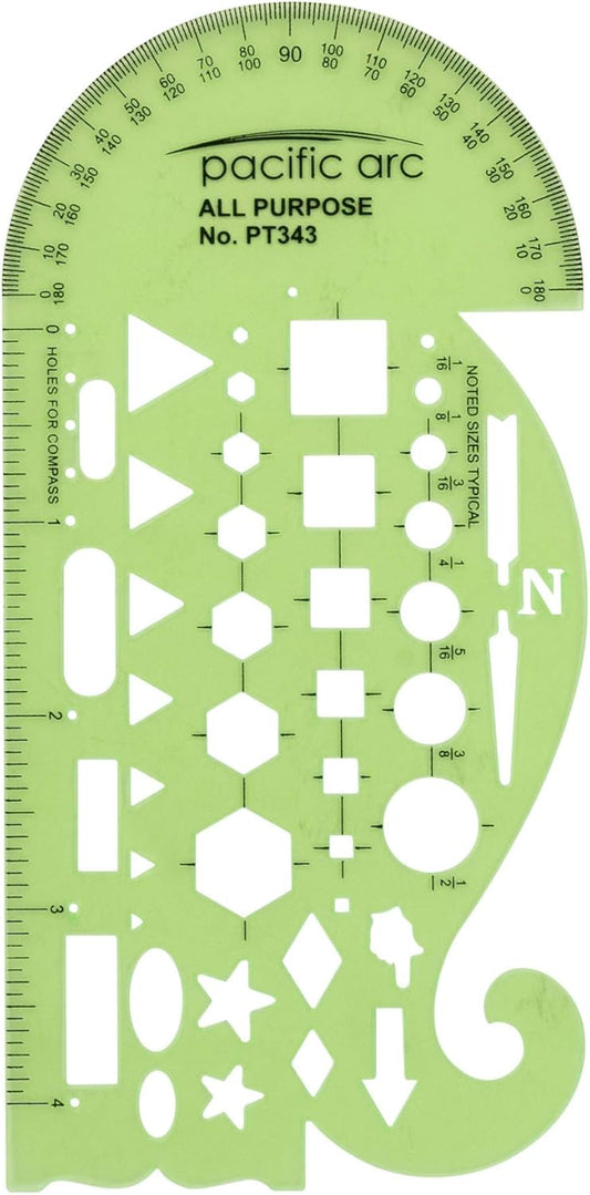 Pacific Arc All Purpose Template Guide, Featuring A Protractor, 4 Inch Ruler, French Curves, and Standard Shapes