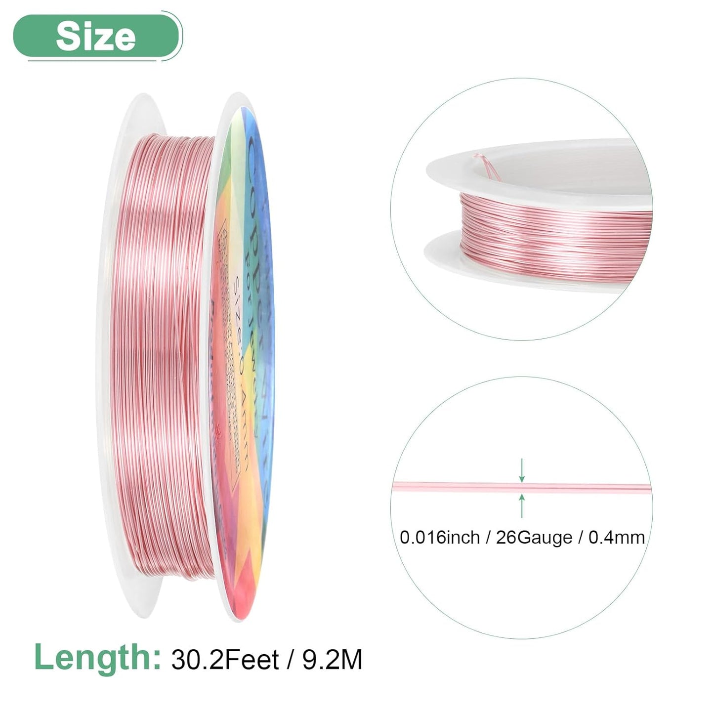 0.4 mm/26 Gauge Copper Wire for Jewelry Making, 30.2FT Copper Beading Craft Wire for Jewelry/Weaving/DIY Crafting/Planting, Color-Retaining [9.2M, Rose Gold]