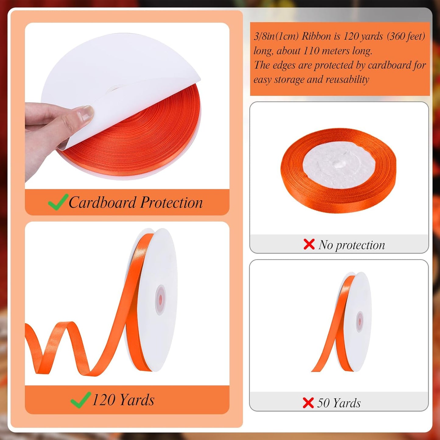 Orange Ribbon 3/8 Inch 120 Yards Thin Ribbons Halloween Satin Ribbon for Fall Decor Hair Bows Sewing DIY Crafts Balloon String Gift Wrapping