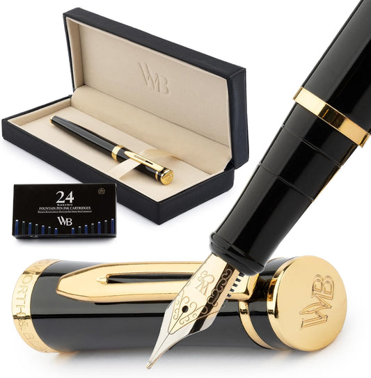 Wordsworth & Black Fountain Pen Set, Medium Nib, Includes 24 Ink Cartridges and Ink Refill Converter, Gift Case, Journaling, Calligraphy, Smooth Writing Pens [Black Gold], Perfect for Men and Women