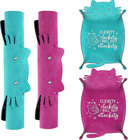 2Pcs Cat Dice Rolling Tray Novelty Folding Leather Dice Holder Portable Storage Accessories Decorative Desk Organizer Funny Gift for DND Game Players