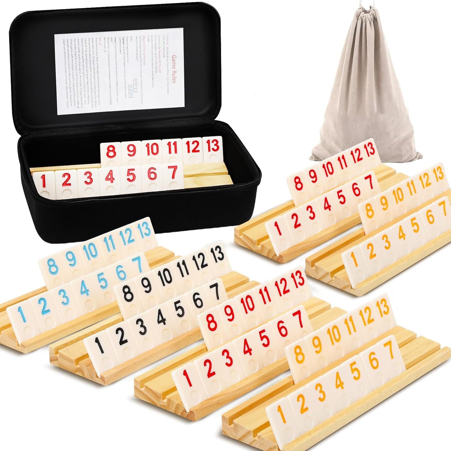 Upgraded 2-6 Players Rummy Game with 6 Wooden Racks, 160 Melamine Tiles, Drawstring Bag, Premium Portable Case, Tile Board Games for Adults & Kids Age 8+, Birthday Gifts for Women Men Dad Mom