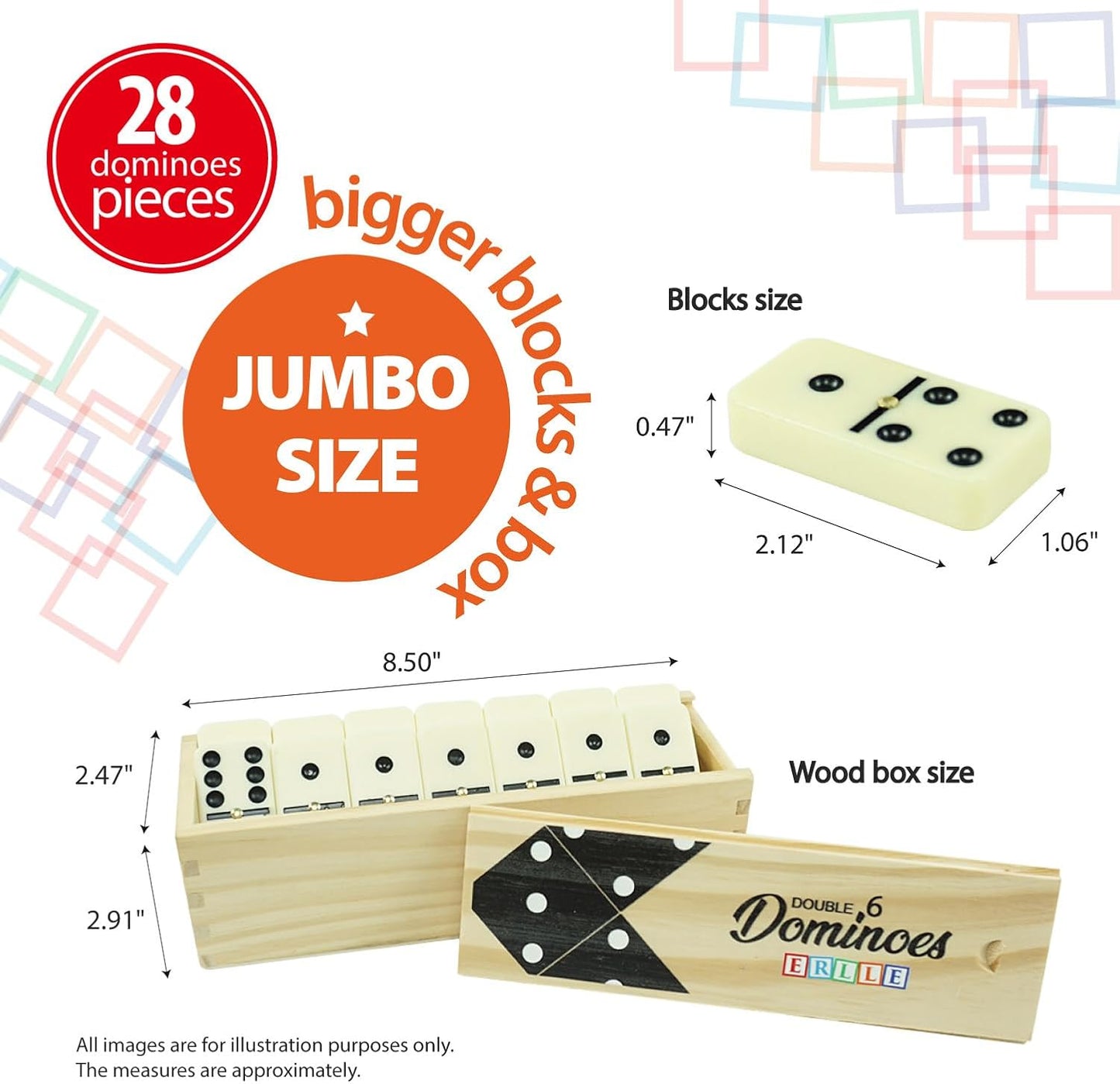 ERLLE - Jumbo Dominoes Set, Extra-Large Double Six Domino Set for Kids & Adults, Premium Giant Dominoes for Outdoor & Indoor Games, Classic Mexican Train, Chicken Foot, and Family Game Night Fun