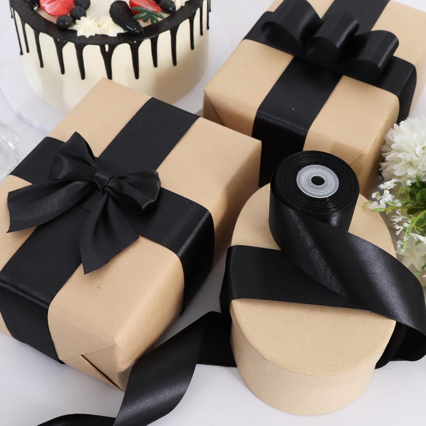 TONIFUL 1 Inch x 100yds Black Satin Ribbon, Thin Solid Color Satin Ribbon for Gift Wrapping, Crafts, Hair Bows Making, Wedding Party Decoration, Sewing, Halloween, Floral Bouquets, Christmas