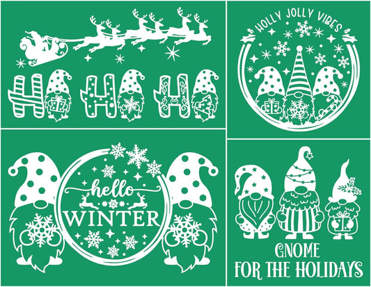 JAJADO Hello Winter Stencils Self Adhesive Silk Screen Stencil Reusable Christmas Stencil Porch Sign Holiday Gnome Silk Screen Transfers for Painting Wood, Fabric, Wall, Farmhouse Christmas Decor