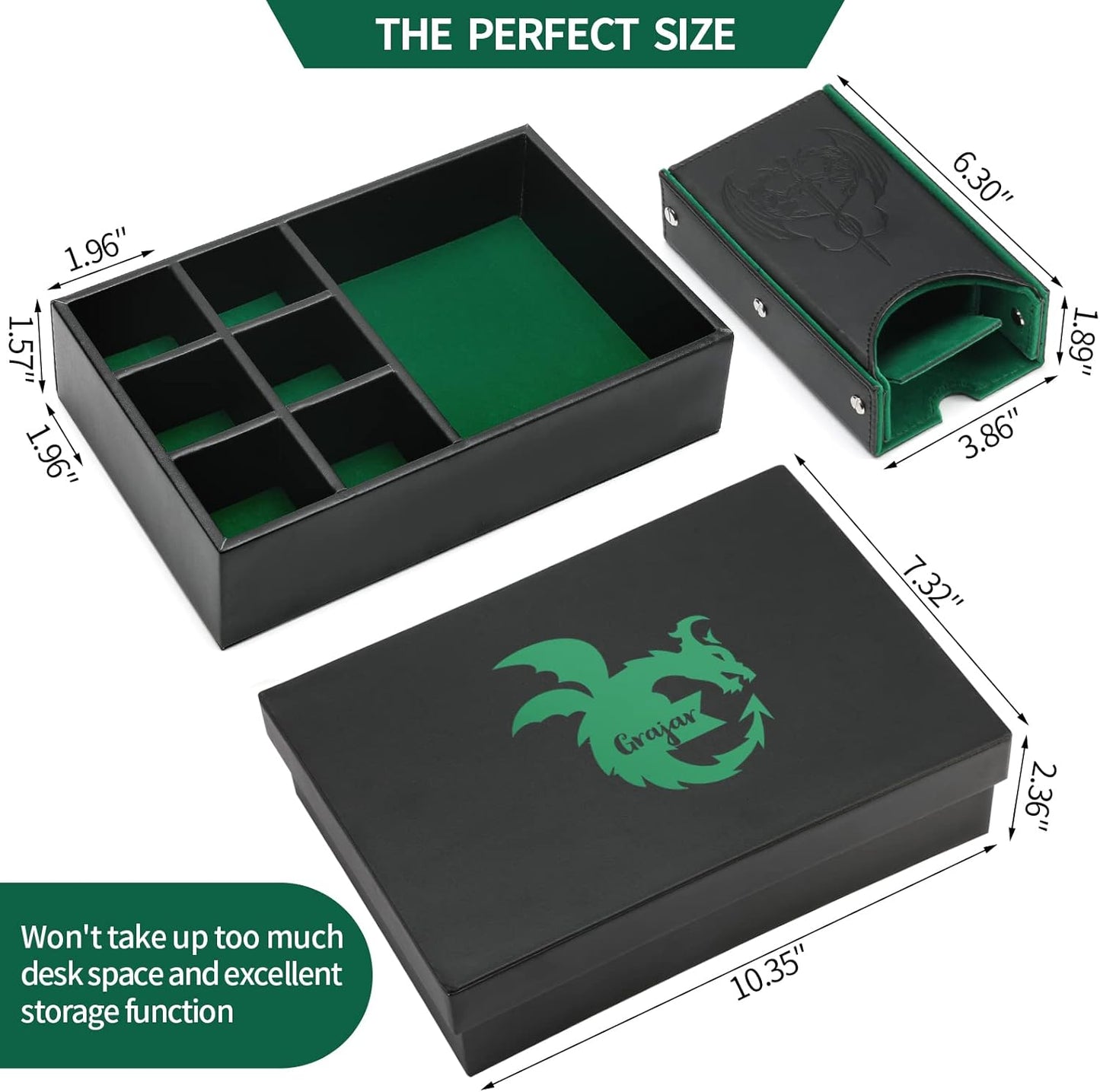 3 in 1 Dice Tray with Lid, Portable Dice Box Storage, D&D RPG MTG Table Games (Green)