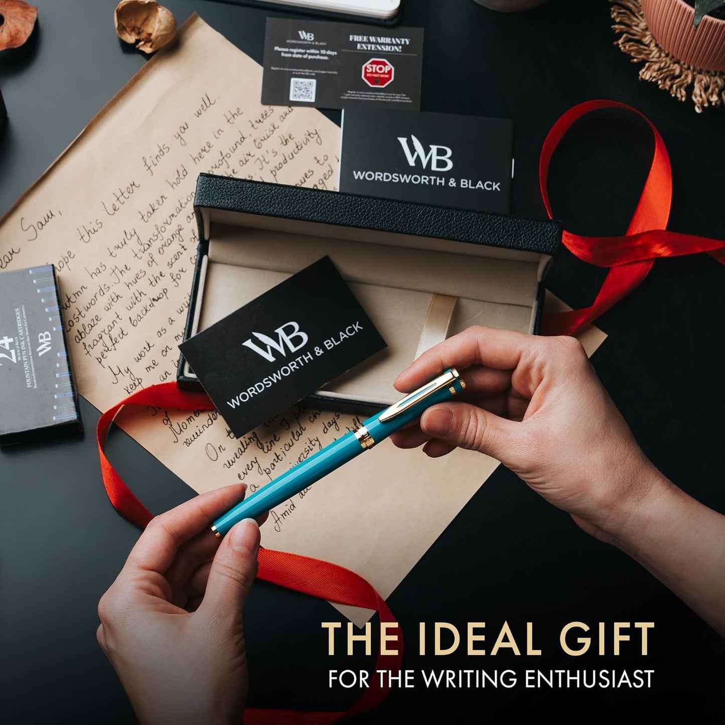 Wordsworth & Black Fountain Pen Set, 18K Gilded Medium Nib, Includes 24 Pack Ink Cartridges, Ink Refill Converter & Gift Box, Gold Finish, Calligraphy, [Turquoise Gold], Perfect for Men & Women