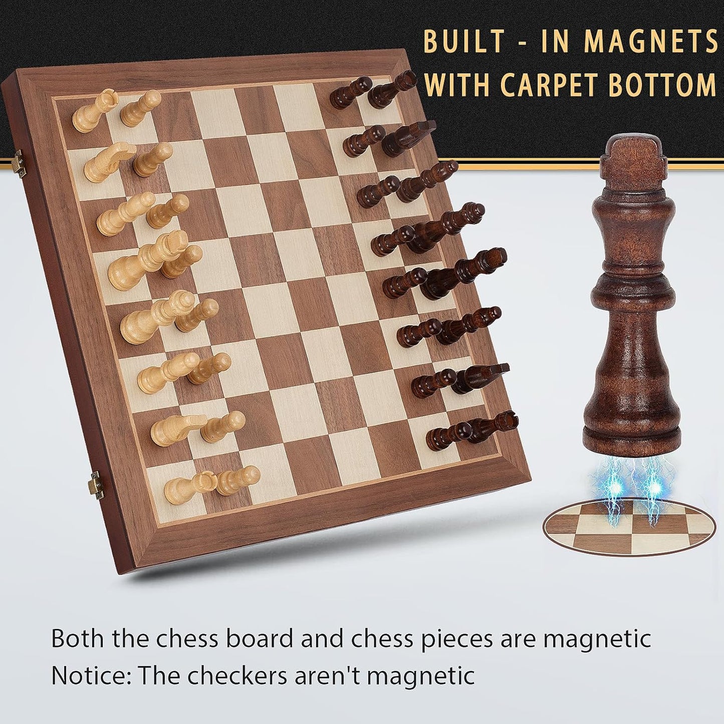 Magnetic Wooden Chess Set, 15" Folding Chess Board with 2 Extra Queens, Portable Travel Chess Set with Pieces Storage Slots, Beginner Chess Board Game for Adults & Kids