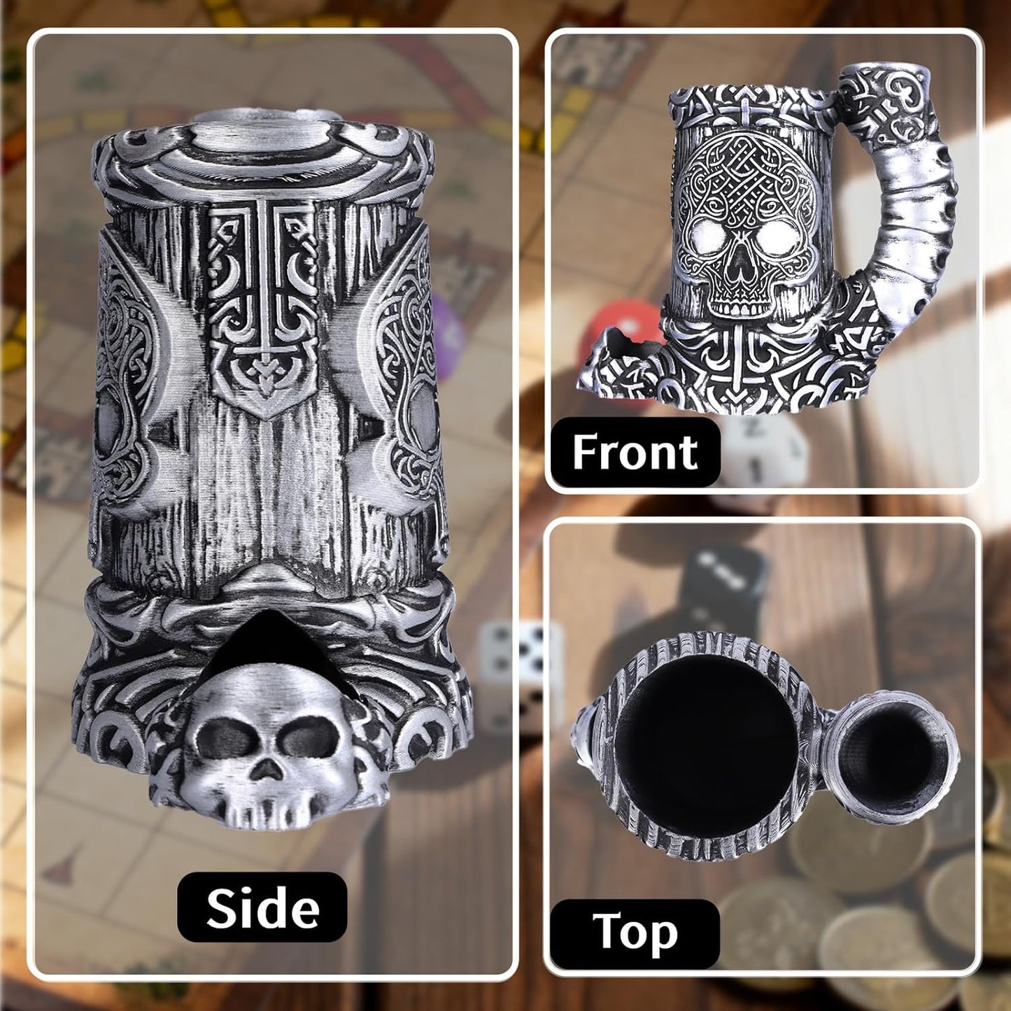 Dice Tower Mug, Dice Rolling Tower, Comes with 7 PCS Dice Set, Suitable for DND Dungeons and Dragons, Tabletop Games, Available As Drink Holder, D&D Gifts, DND Accessories (Silver Skull)