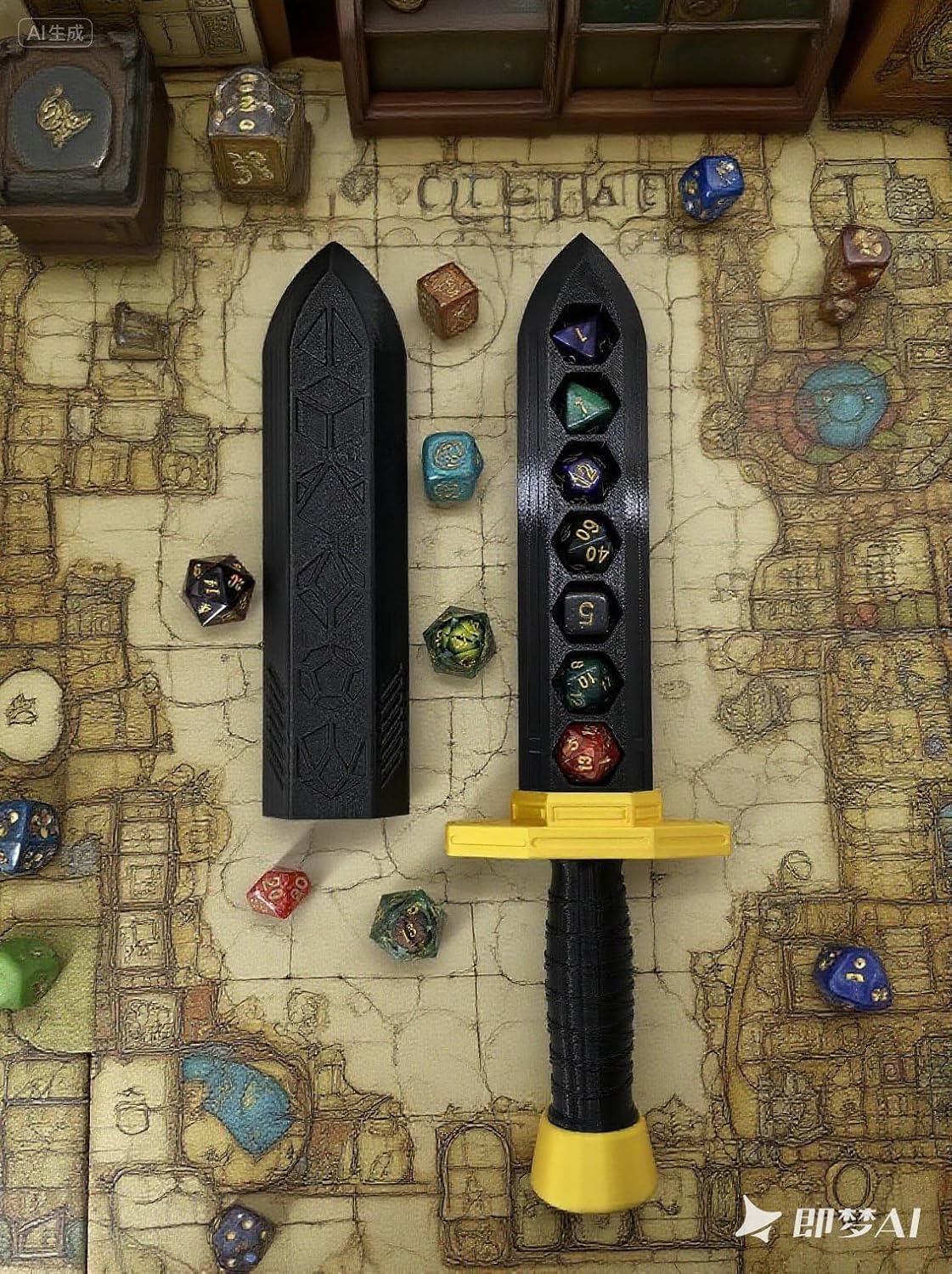 Dagger Dice Holder Box Dice Tower Dungeons and Dragons RPG Tabletop Roleplaying Game Jail DND (Random 7PCS D20 Dice Set Included) Black&Black&Gold