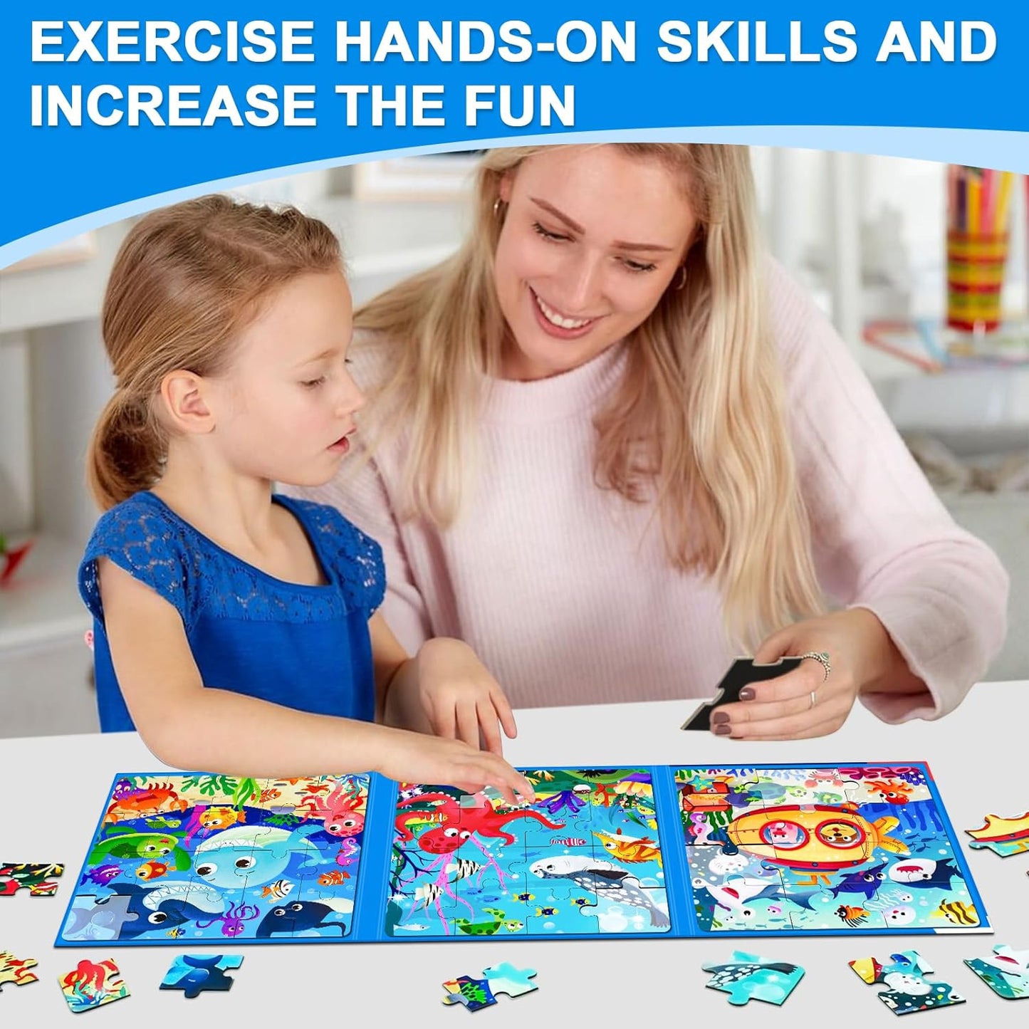 Magnetic Puzzles for Kids Ages 3-5, 3 in 1 Ocean World Toddlers Magnet Jigsaw Puzzle Book, Kids Travel Puzzles Toys, Preschool Learning Toy for Kids 3-8 Year (Ocean World)