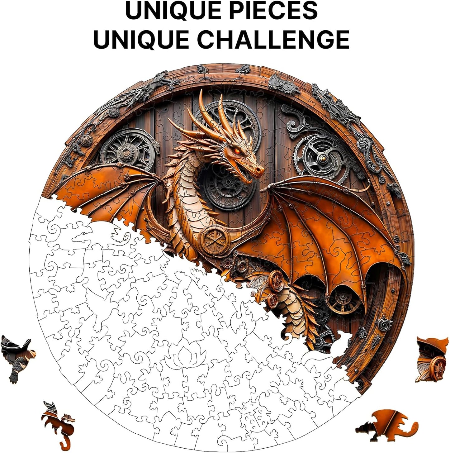 KAAYEE Wooden Puzzles for Adults, 3D Vision Mechanical Dragon Wooden Jigsaw Puzzles, Unique Shape Advanced Wood Puzzle Adult, Birthday Fathers Family Games (L-13.4 * 13.3in-300pcs)